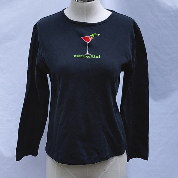Ladies embroidered Merrytini Christmas t-shirt, Mac & Belle sz M, black - Picture 1 of 8